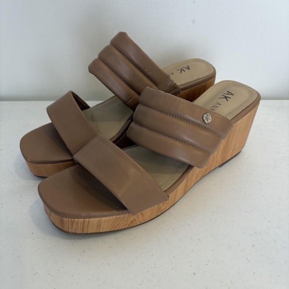 AK Anne Klein Sandals Womens Size 11 Tan Wedge Platform Slide Mules Square Toe - Picture 1 of 9
